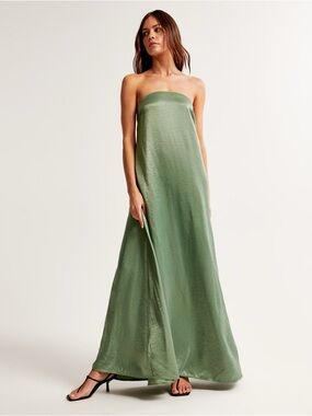 Abercrombie & Fitch Strapless Trapeze Satin Maxi Dress in Lush Green